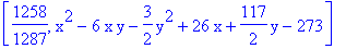 [1258/1287, x^2-6*x*y-3/2*y^2+26*x+117/2*y-273]